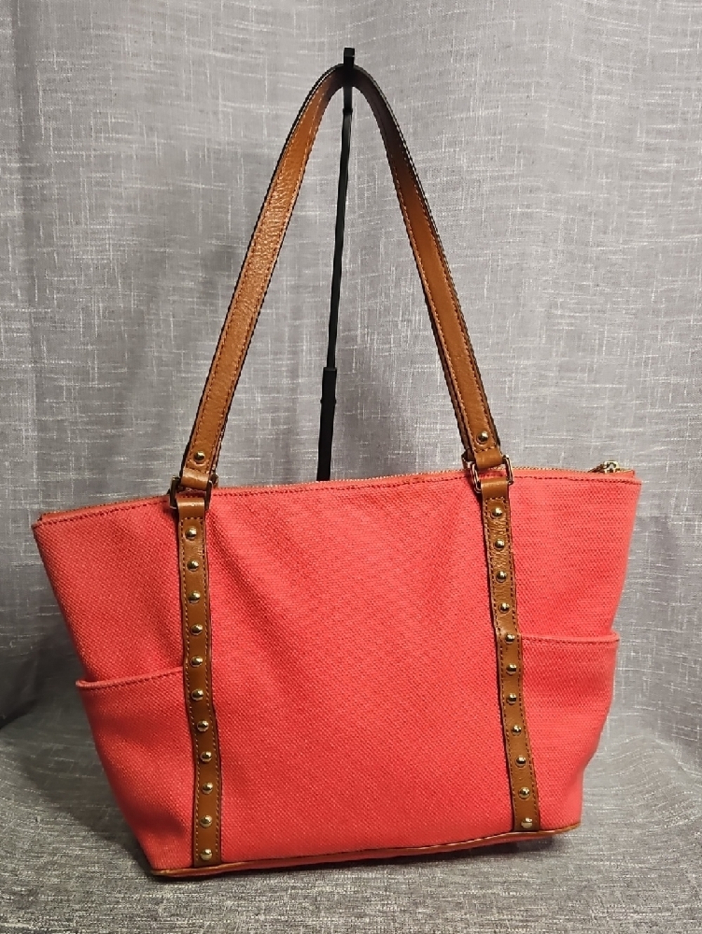 Michael Kors Coral Canvas Tote with Tan Leather Trim and MK Charm - Picture 2 of 15